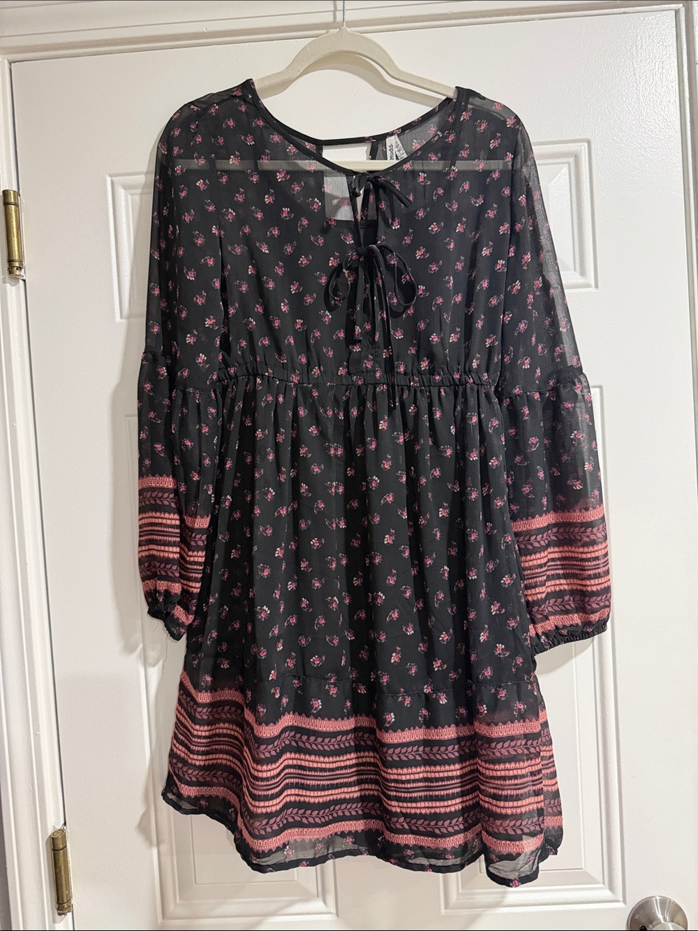 Mudd Black Sheer Floral Tie-Front Tunic with Pink Accents